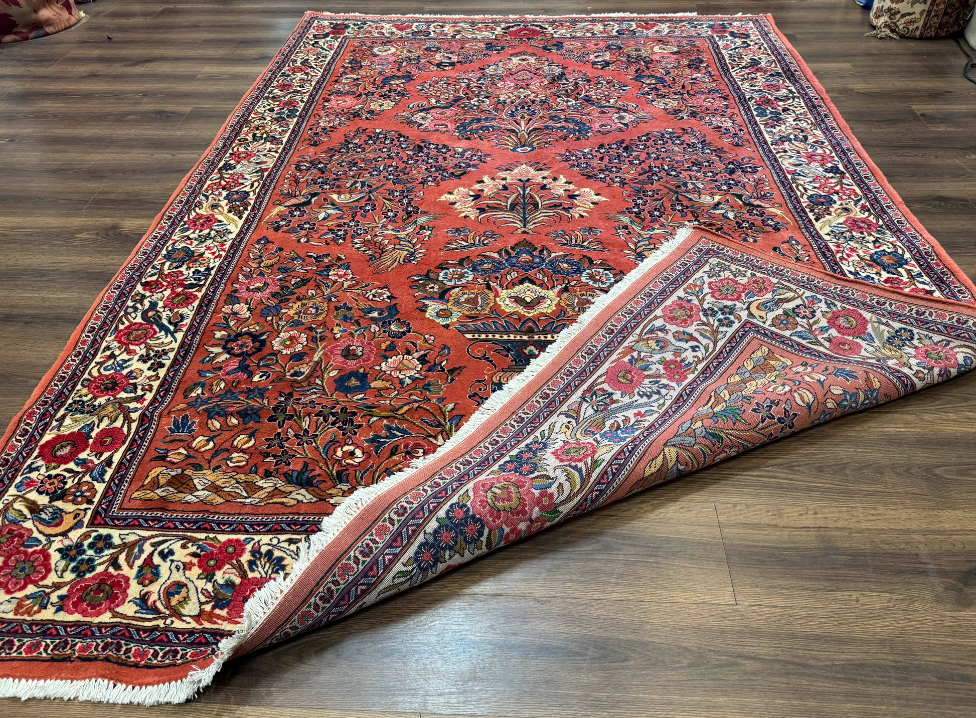 Persian Sarouk Rug 7x10, Red and Ivory, Floral Bouquets, Birds - Nuvé