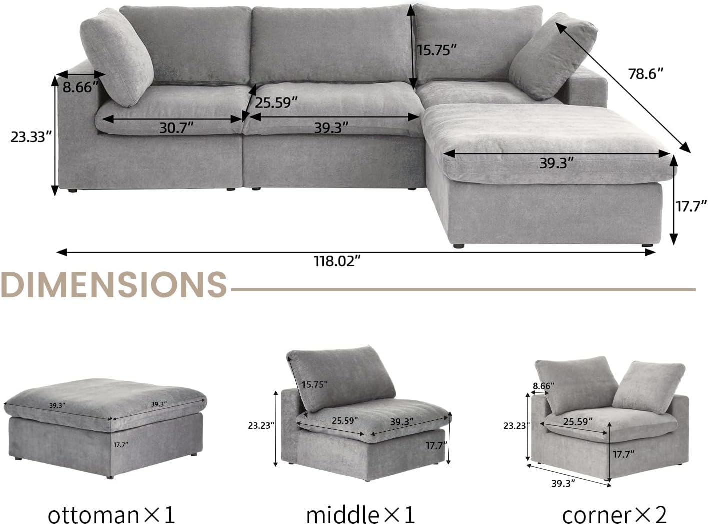 Nuvé® Solace Modular Bouclé Cloud Sofa - Space Grey - 3-Seater Sectional Sofa with Ottoman - Nuvé