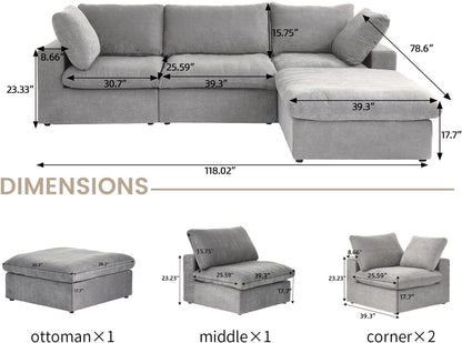 Nuvé® Solace Modular Bouclé Cloud Sofa - Space Grey - 3-Seater Sectional Sofa with Ottoman - Nuvé