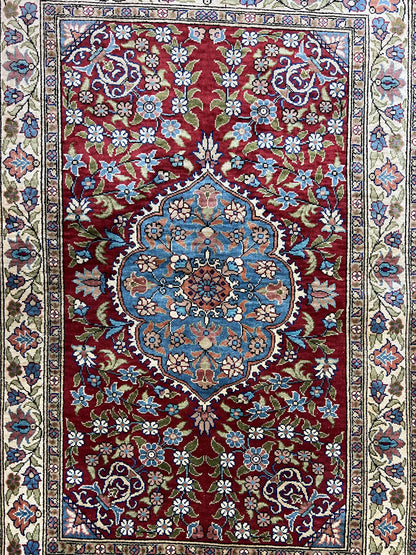 Silk Turkish Kayseri Rug 2x3, Small All Silk Turkish Carpet, Red and Light Blue, Very Fine Hand Knotted Semi Antique Vintage Handmade Rug