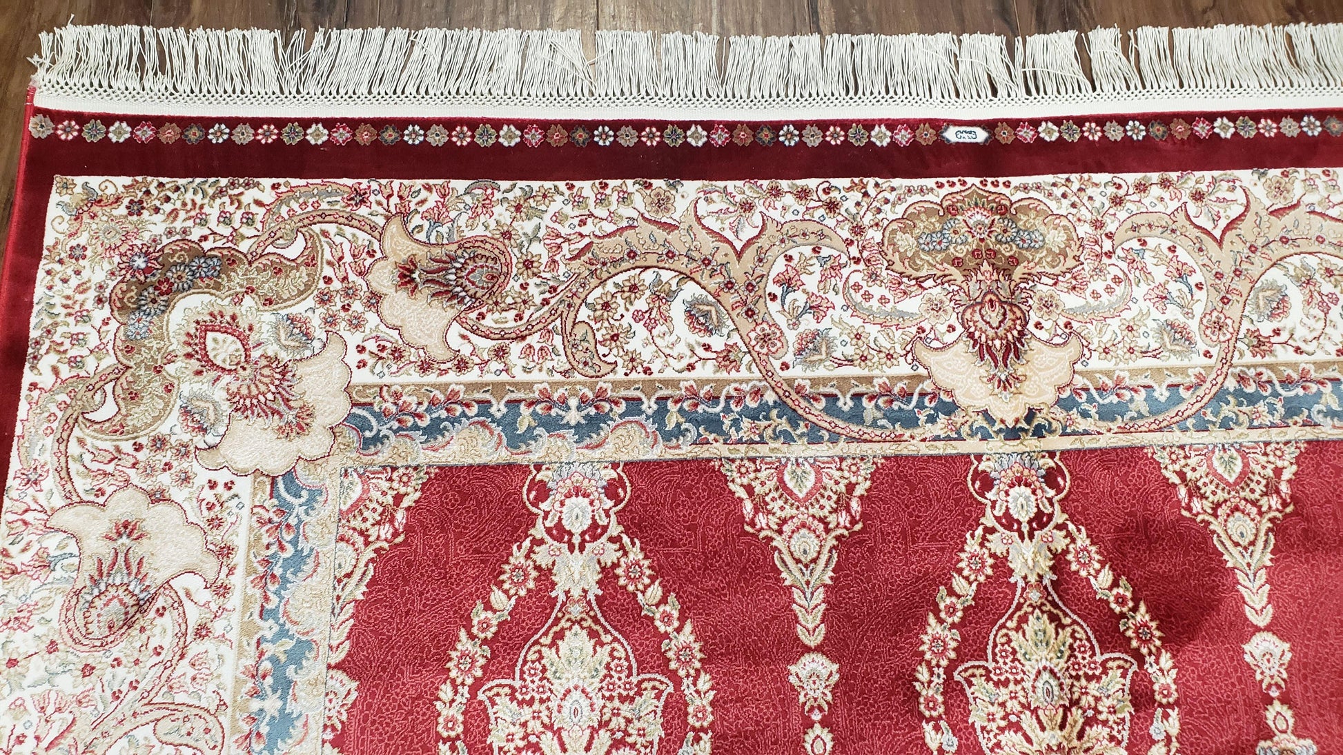 Dark Red Silk Carpet 5.3 x 7.6 ft, 5x8 Silk Rug, New Turkish Silk Carpet, Mint Condition, Beige & Red Area Rug, Bamboo Silk, High Quality - Nuvé