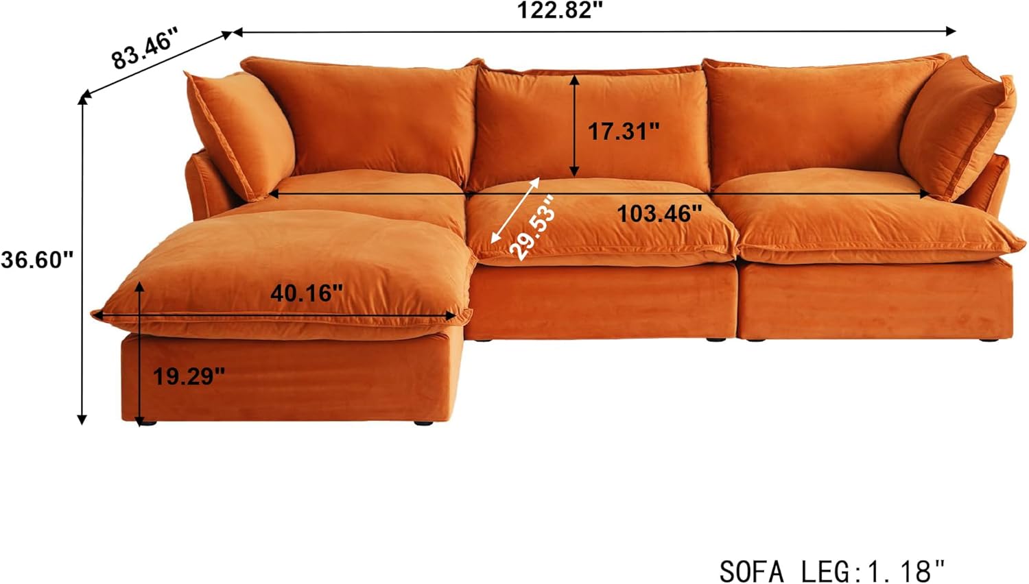 Sabi Modular Boucle Cloud Sofa - Orange - 3-Seater Sectional Sofa with Ottoman - Nuvé