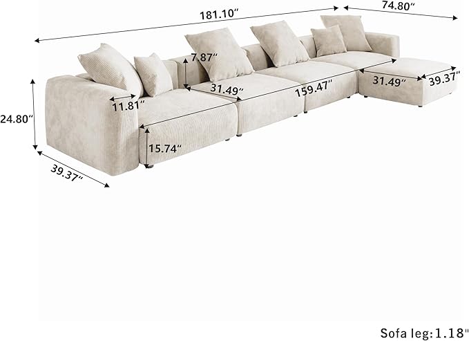 Kanso Corduroy Modular Bouclé Cloud Couch - Beige - 4-Seater Sectional Sofa with Ottoman - Nuvé