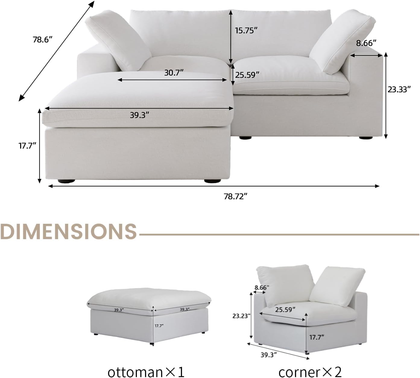 Nuvé® Solace Modular Bouclé Cloud Sofa - Snow White - 2-Seater Sectional Sofa with Ottoman - Nuvé