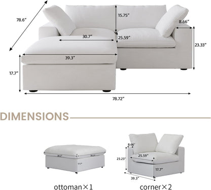 Nuvé® Solace Modular Bouclé Cloud Sofa - Snow White - 2-Seater Sectional Sofa with Ottoman - Nuvé