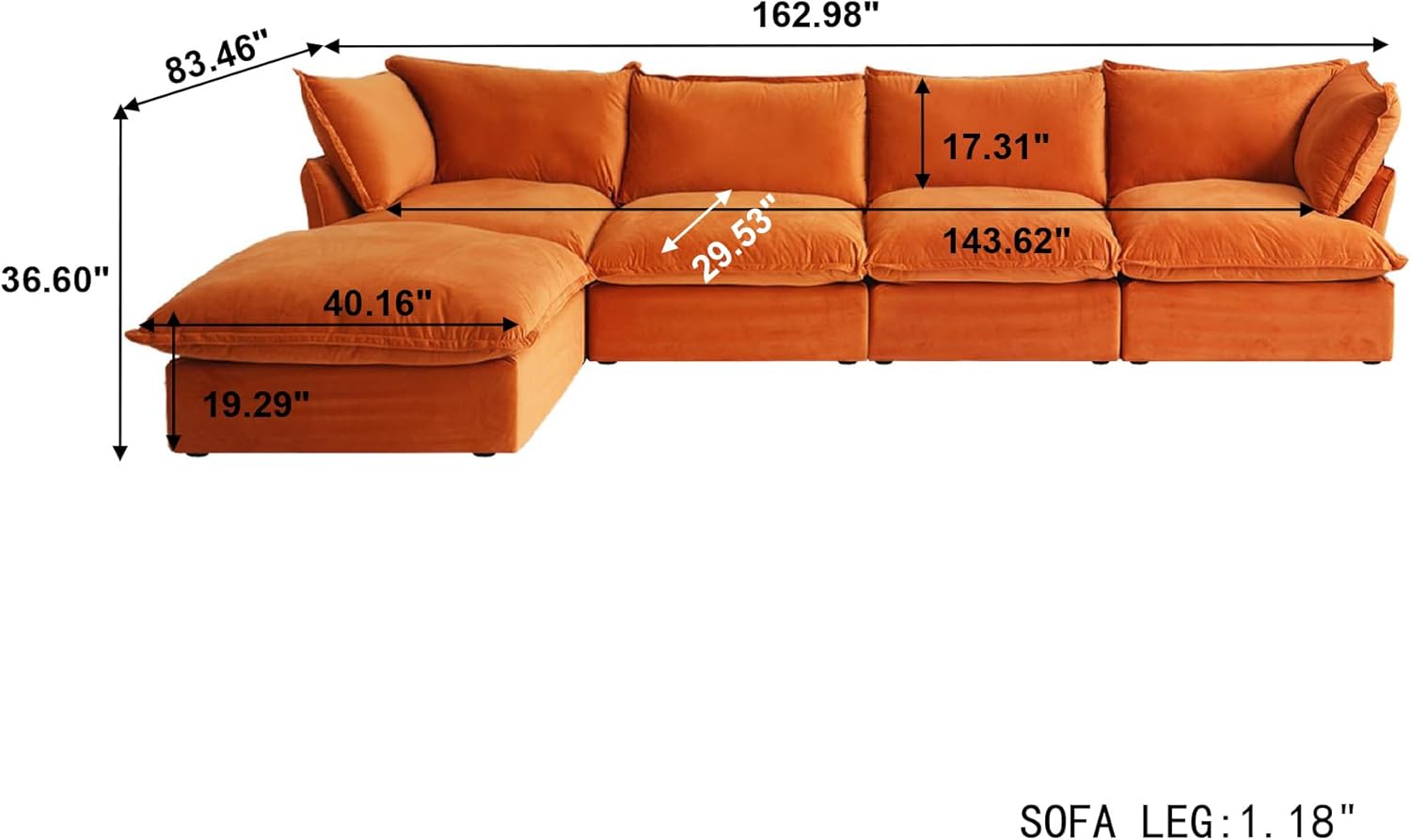 Sabi Modular Boucle Cloud Sofa - Orange - 4-Seater Sectional Sofa with Ottoman - Nuvé