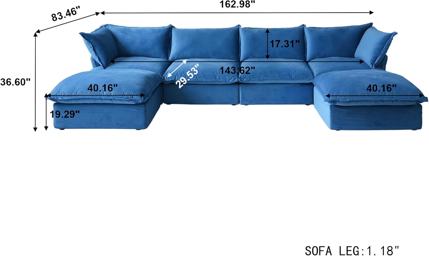 Sabi Modular Boucle Cloud Sofa - Blue - 4-Seater Sectional Sofa with 2 Ottomans - Nuvé