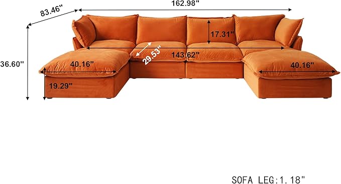 Sabi Modular Boucle Cloud Sofa - Orange - 4-Seater Sectional Sofa with 2 Ottomans - Nuvé