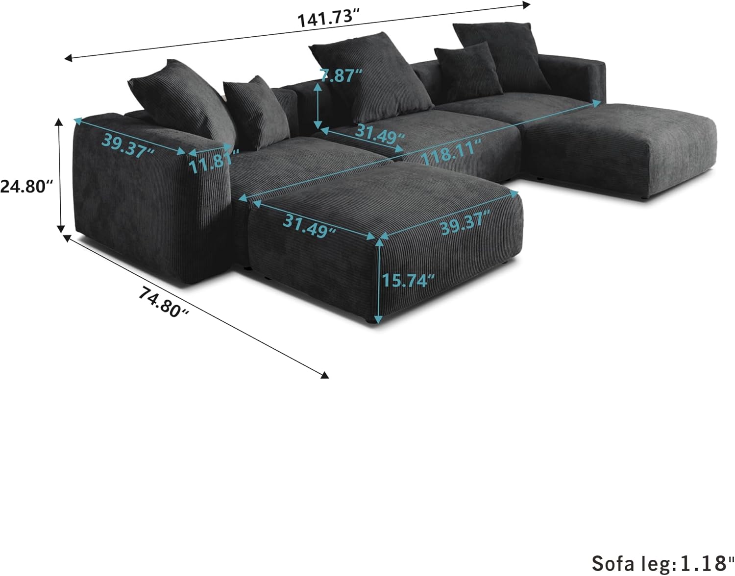 Kanso Corduroy Modular Bouclé Cloud Couch - Black - 3-Seater Sectional Sofa with 2 Ottomans - Nuvé