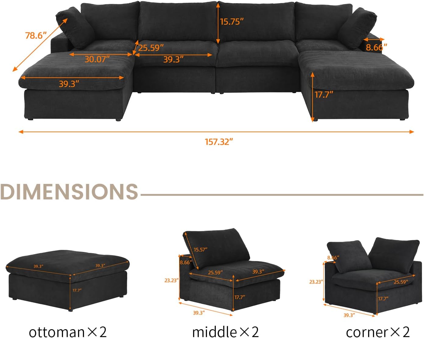 Nuvé® Solace Modular Bouclé Cloud Sofa - Obsidian Black - 4-Seater Sectional Sofa with 2 Ottomans - Nuvé