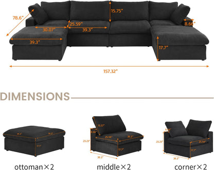 Nuvé® Solace Modular Bouclé Cloud Sofa - Obsidian Black - 4-Seater Sectional Sofa with 2 Ottomans - Nuvé