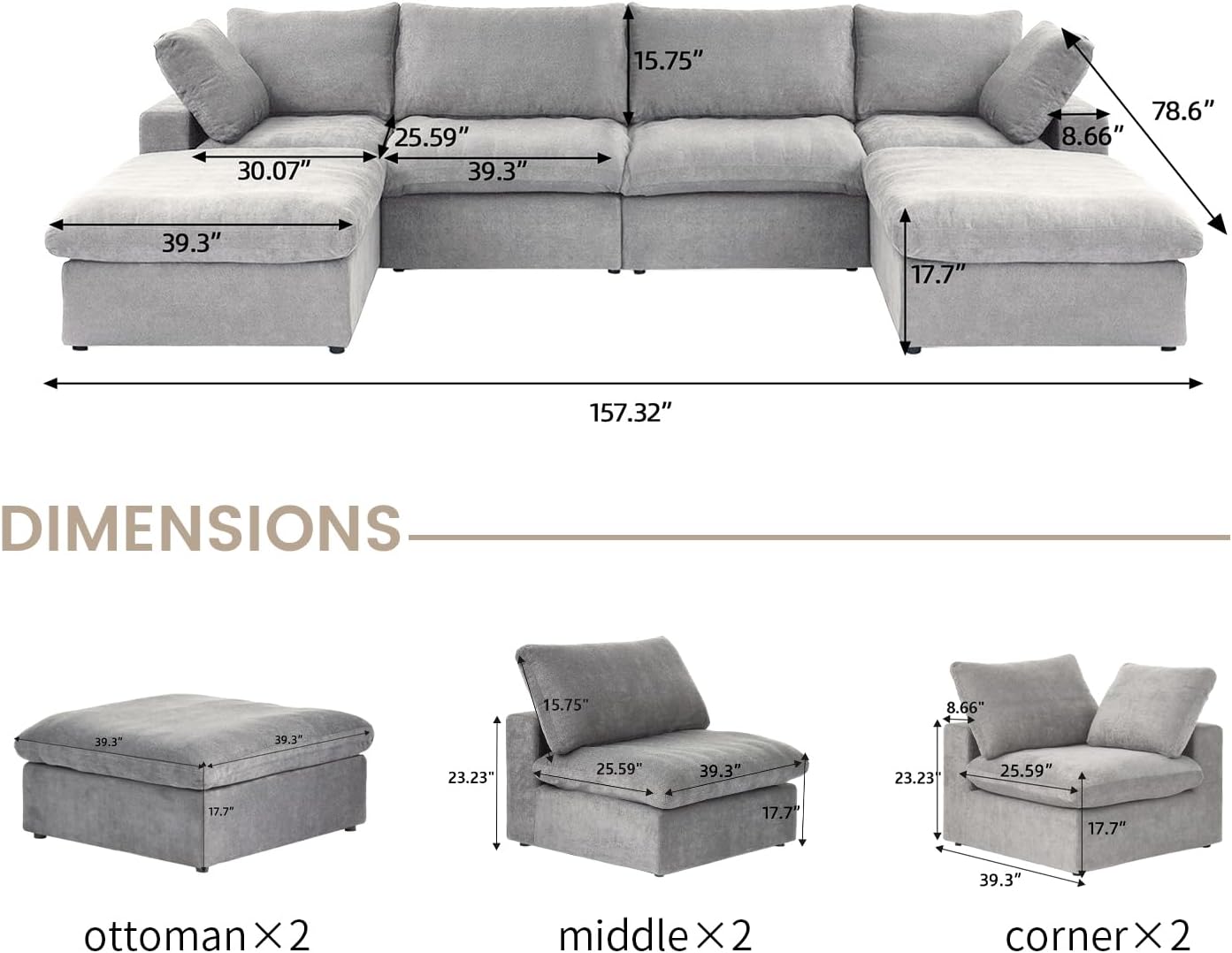 Nuvé® Solace Modular Bouclé Cloud Sofa - Space Grey - 4-Seater Sectional Sofa with 2 Ottomans - Nuvé