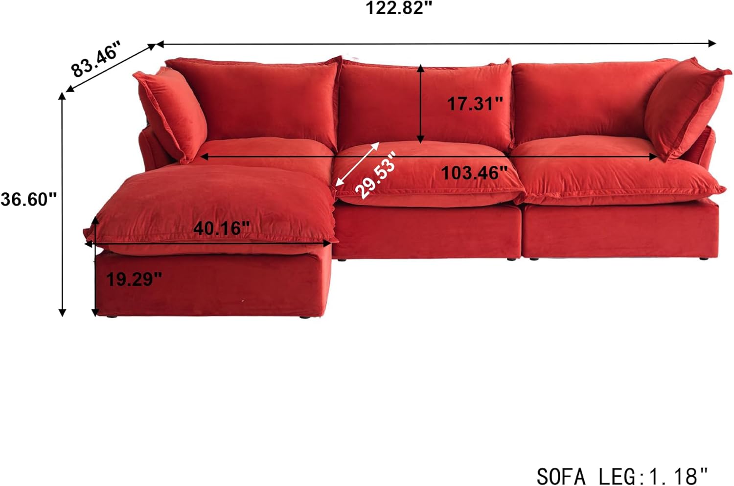 Sabi Modular Boucle Cloud Sofa - Red - 3-Seater Sectional Sofa with Ottoman - Nuvé
