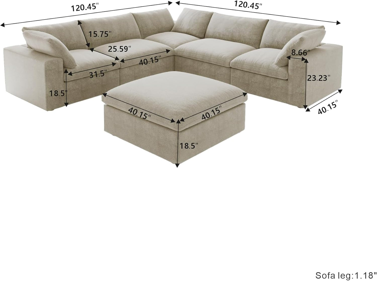 Nuvé® Solace Modular Bouclé Cloud Sofa - Khaki - 5-Seater Corner + Ottoman - Nuvé