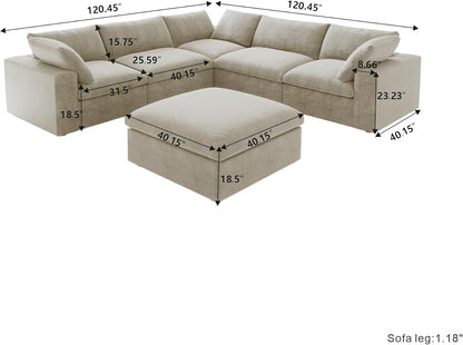 Nuvé® Solace Modular Bouclé Cloud Sofa - Khaki - 5-Seater Corner + Ottoman - Nuvé