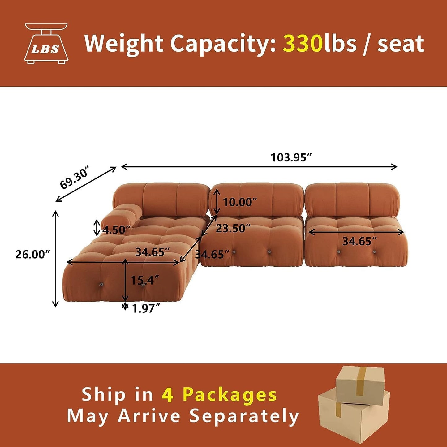 Nuvé® Takumi Velvet Modular Bouclé Cloud Sofa - Orange - 3-Seater Sofa with 1 Ottoman - Nuvé