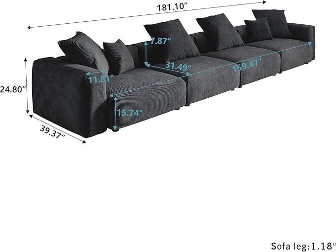 Kanso Corduroy Modular Bouclé Cloud Couch - Black - 4-Seater Sofa - Nuvé
