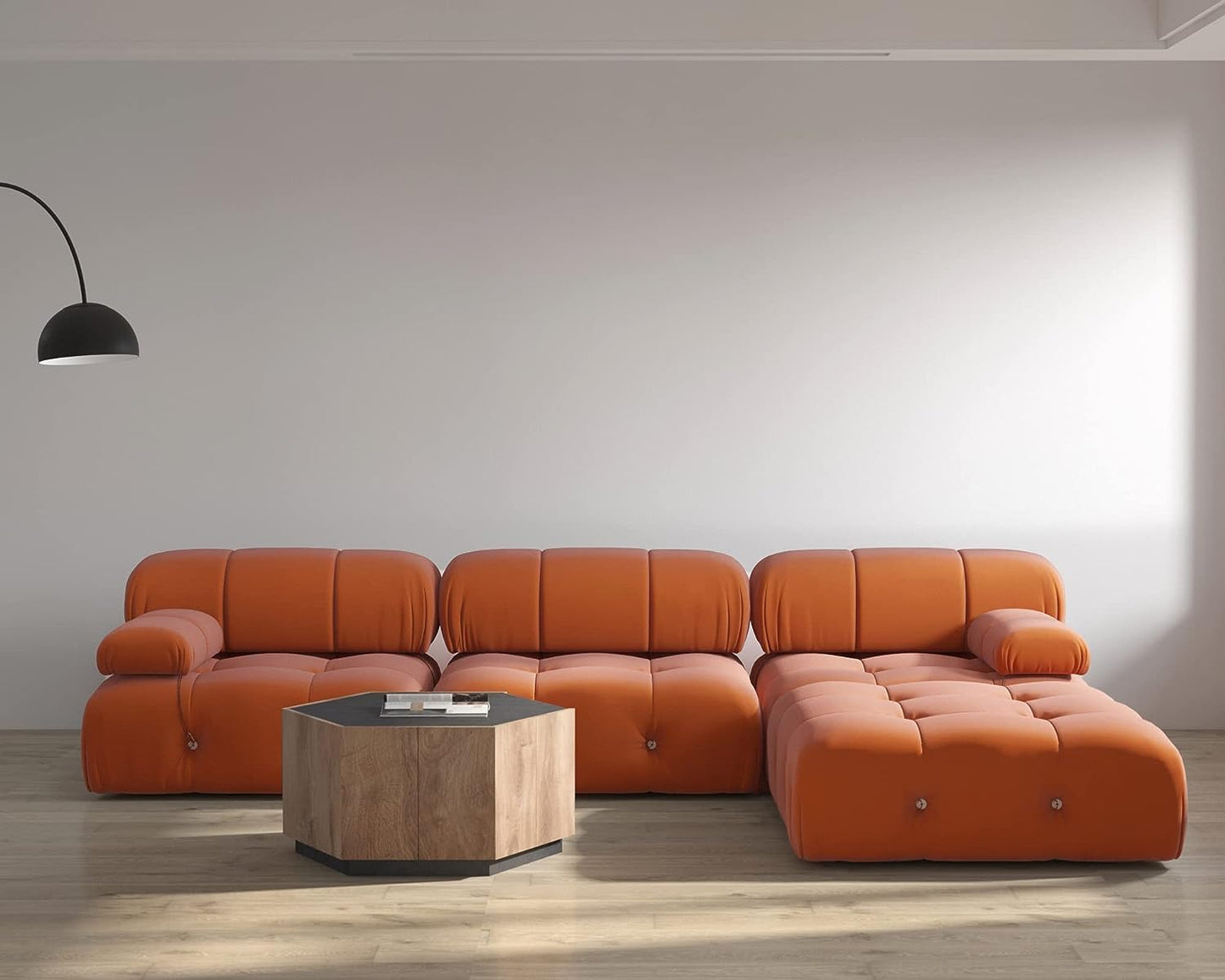 Nuvé® Takumi Velvet Modular Bouclé Cloud Sofa - Orange - 3-Seater Sofa with 1 Ottoman - Nuvé