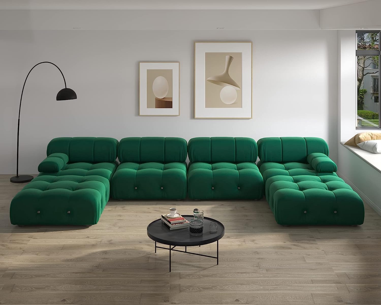 Nuvé® Takumi Velvet Modular Bouclé Cloud Sofa - Green - 3-Seater Sofa with 2 Ottoman - Nuvé