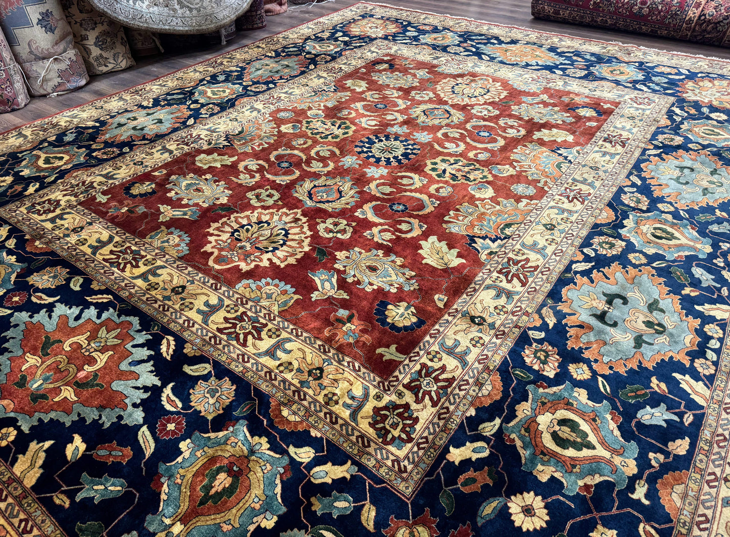 Palace Size Indo Persian Rug 12x15, Sultanabad Mahal Carpet, Red Navy Blue, Fine 210 KPSI - Nuvé