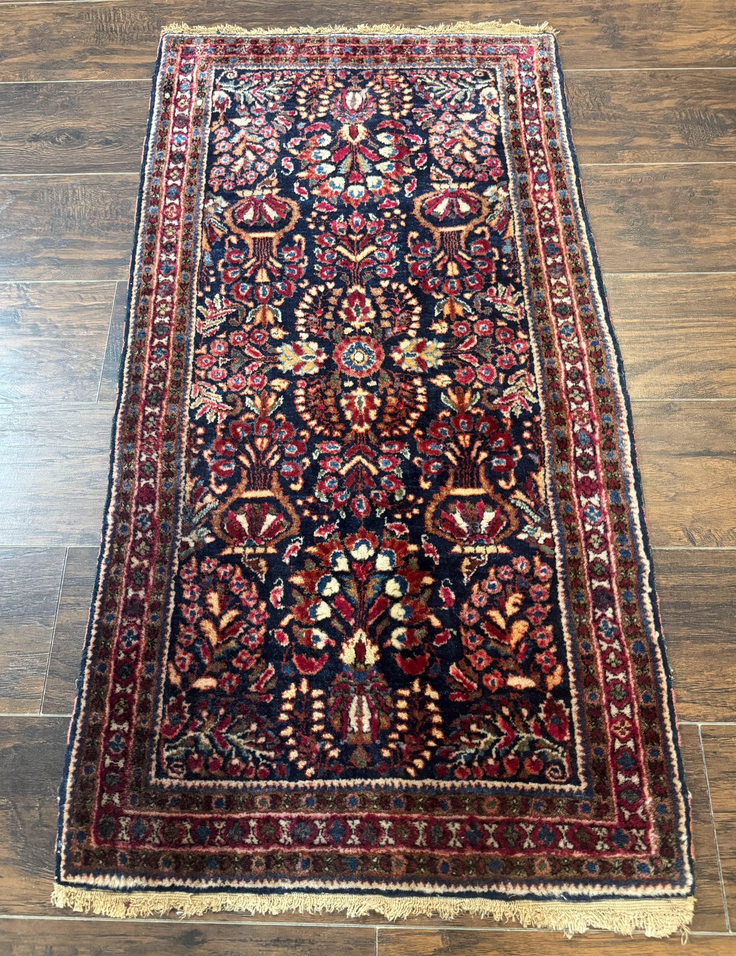 Small Navy Blue Persian Rug 2x4, Sarouk Rug, Rare Colors, Antique 1920s Wool Rug - Nuvé