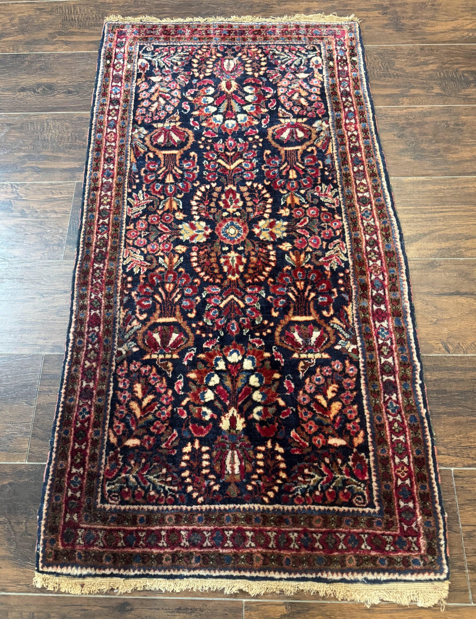 Small Navy Blue Persian Rug 2x4, Sarouk Rug, Rare Colors, Antique 1920s Wool Rug - Nuvé