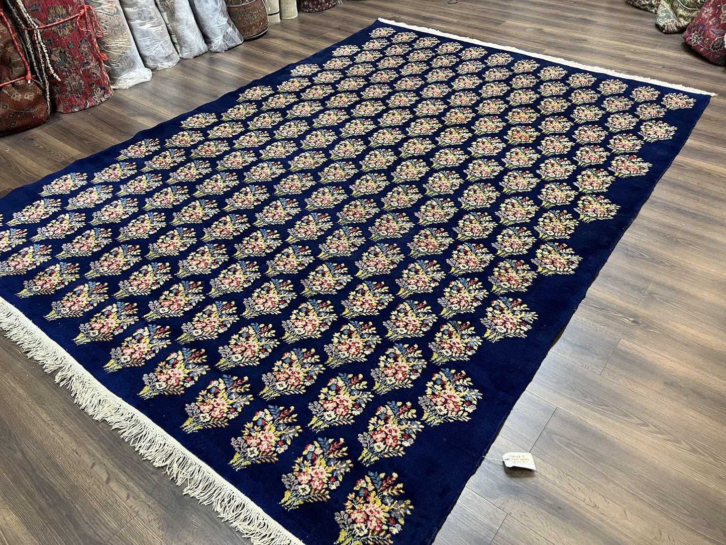 Persian Rug 9x12, Authentic Hand Knotted Carpet, Repeated Floral Motif Garden of Eden, Navy Blue Wool Rug 9 x 12, Semi Antique Kirman Rug - Nuvé