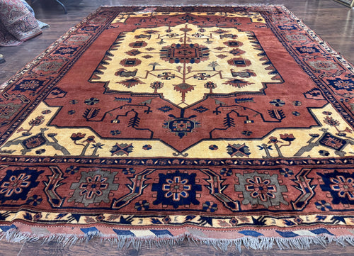 Afghan Heriz Rug 9x12, Tribal Geometric Serapi Carpet, Rust Cream and Navy, Wool on Wool - Nuvé