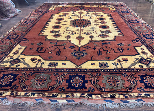 Afghan Heriz Rug 9x12, Tribal Geometric Serapi Carpet, Rust Cream and Navy, Wool on Wool - Nuvé