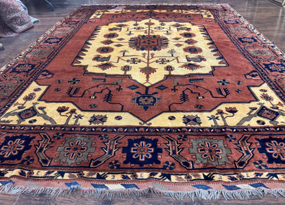 Afghan Heriz Rug 9x12, Tribal Geometric Serapi Carpet, Rust Cream and Navy, Wool on Wool