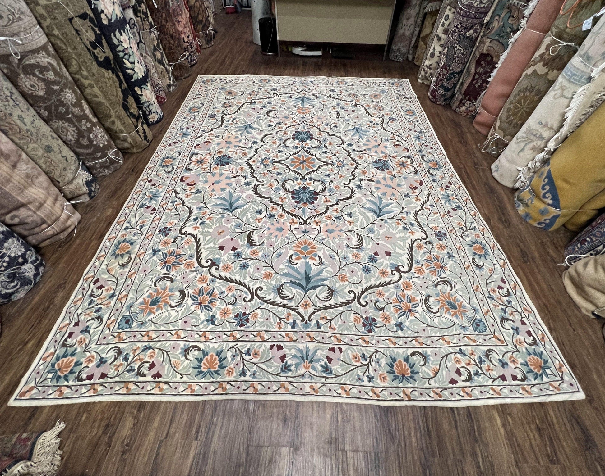 Chain Stitched Rug 9x12 Vintage Carpet 9 x 12 Flatweave Rug, Ivory Teal Rug, Area Rug 9 by 12, Hand Stitched Rug, Medallion, Indian Rug - Nuvé