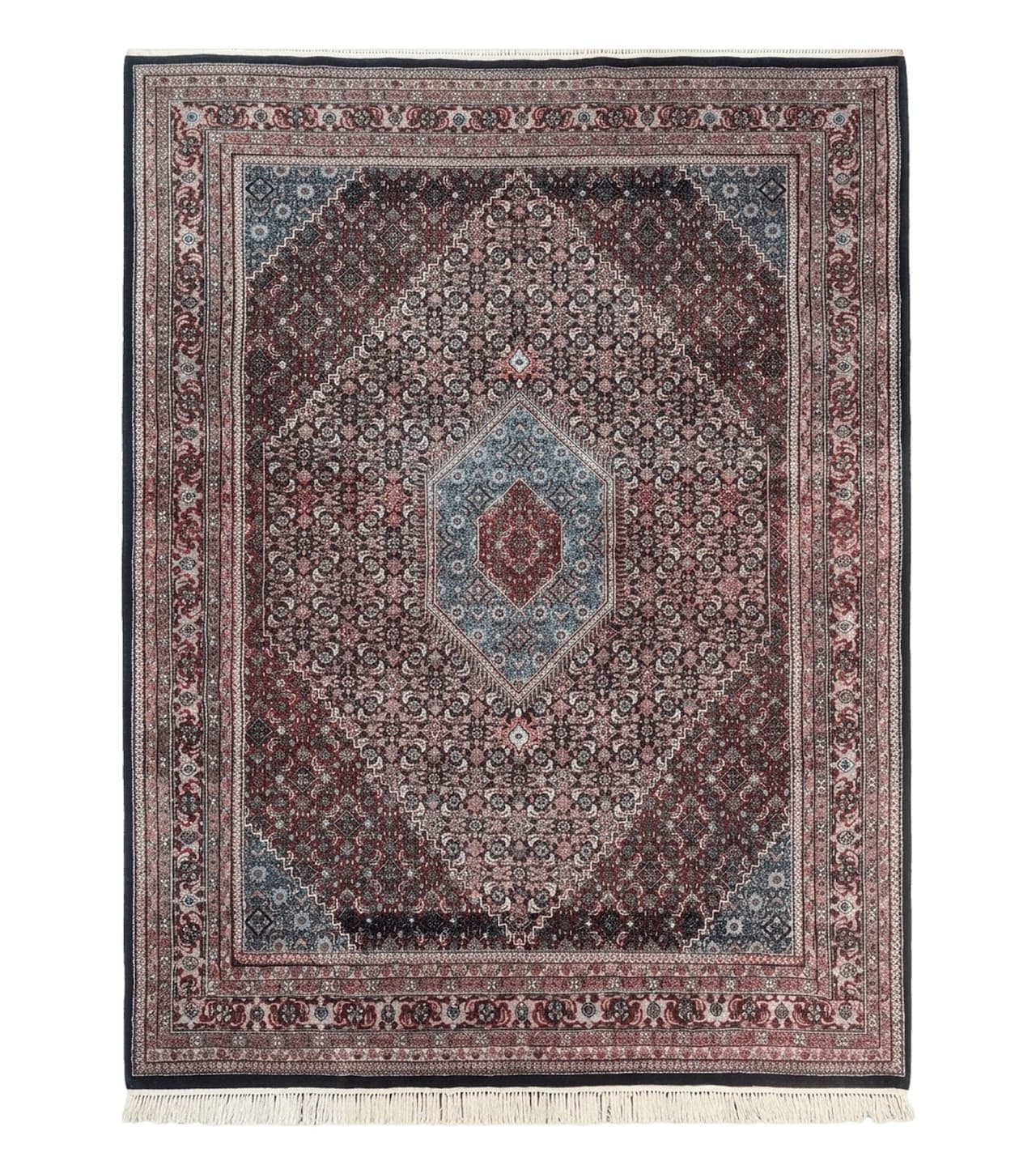 Indo Persian Bidjar Rug 8x11, Herati Mahi Pattern, Red Navy Blue, Handmade Vintage Wool Carpet