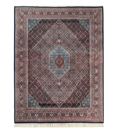 Indo Persian Bidjar Rug 8x11, Herati Mahi Pattern, Red Navy Blue, Handmade Vintage Wool Carpet