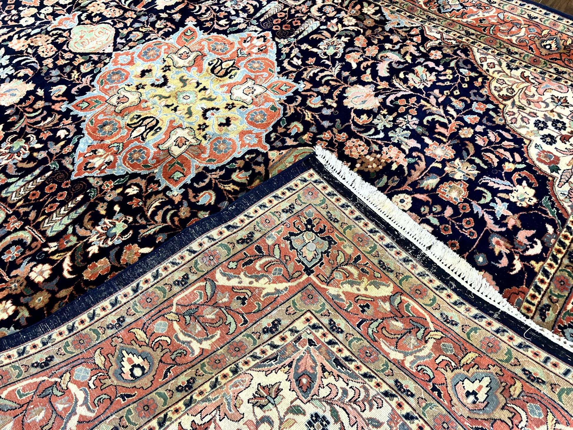 Indo Persian Rug 8x10, Midnight Blue & Red, Handmade Vintage Wool Carpet, Floral Medallion - Nuvé