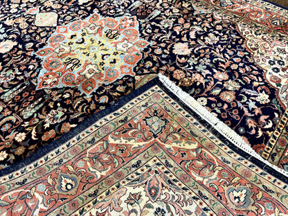 Indo Persian Rug 8x10, Midnight Blue & Red, Handmade Vintage Wool Carpet, Floral Medallion - Nuvé