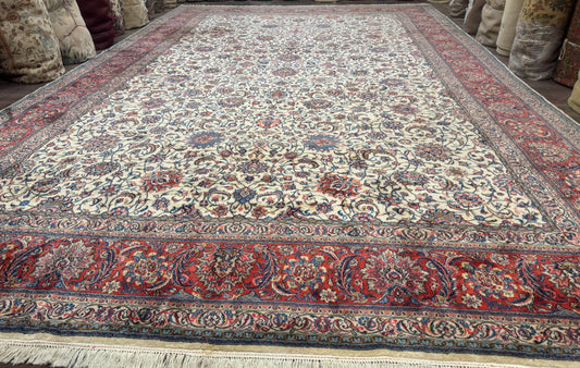 Ivory Persian Sarouk Rug 13x20, Palace Size Carpet, 225 KPSI, Traditional Wool Handmade Vintage Extra Large Rug 13 x 20 ft, Allover Pattern, - Nuvé