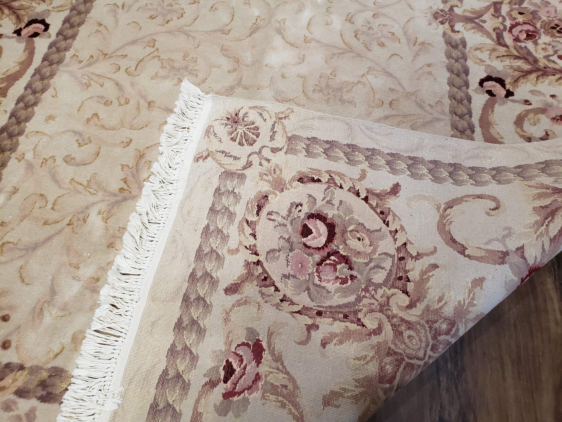 Vintage Ivory Chinese Aubusson Area Rug 6x9, Wool & Silk, Hand-Knotted 120 Line Fine Rug, European Design Carpet, 6 x 9 Master Signature Rug - Nuvé