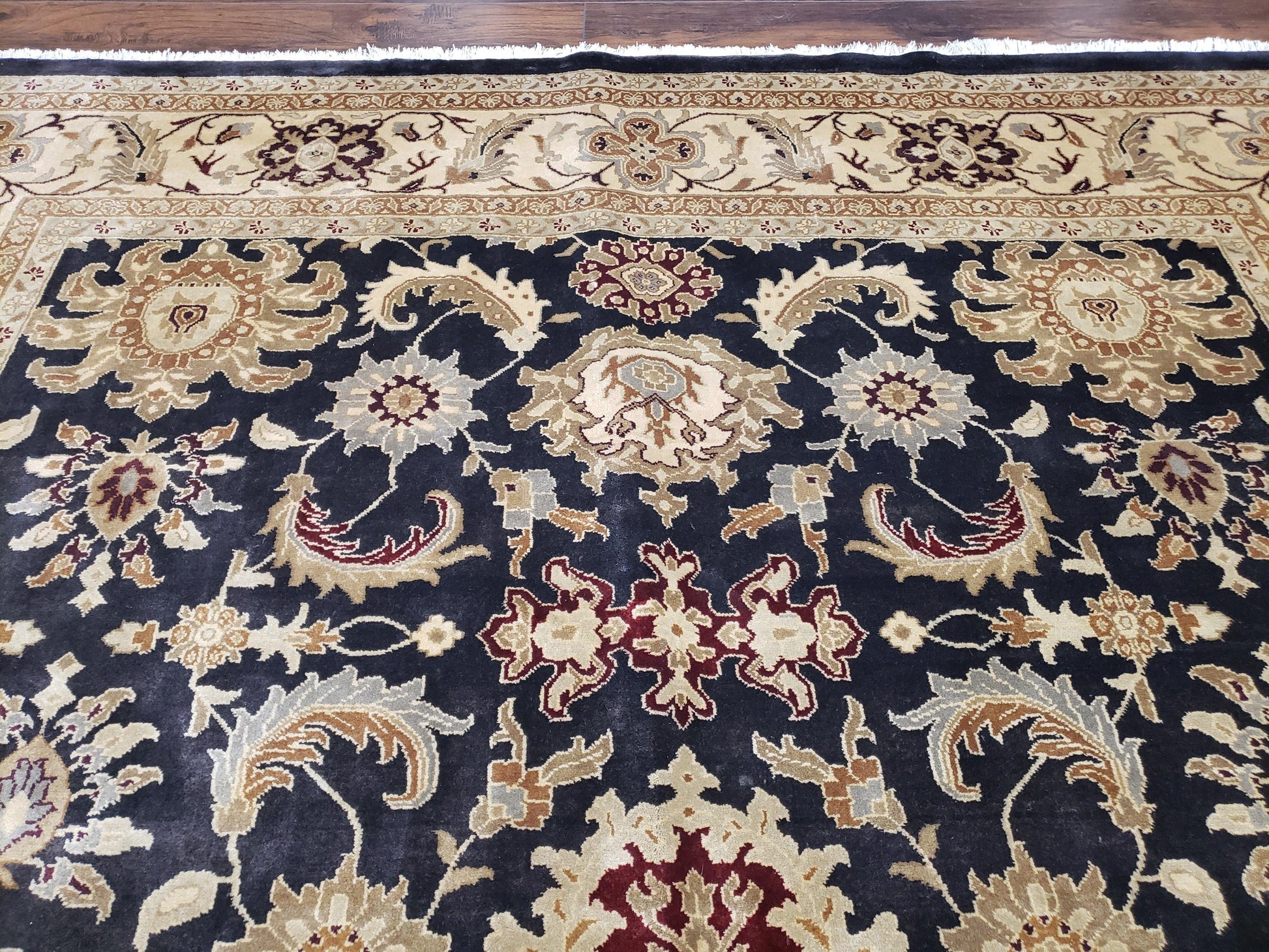 Indo Mahal Rug 8x12, Indian Sultanabad Handmade Area Rug, Vintage Hand-Knotted Wool Black Floral Traditional Oriental Dinning Room Rug - Nuvé
