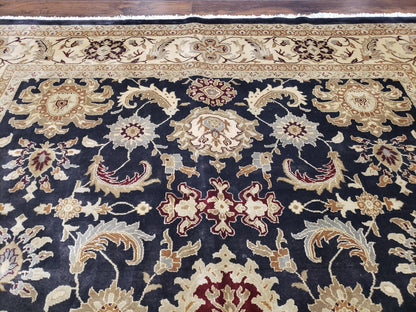 Indo Mahal Rug 8x12, Indian Sultanabad Handmade Area Rug, Vintage Hand-Knotted Wool Black Floral Traditional Oriental Dinning Room Rug - Nuvé