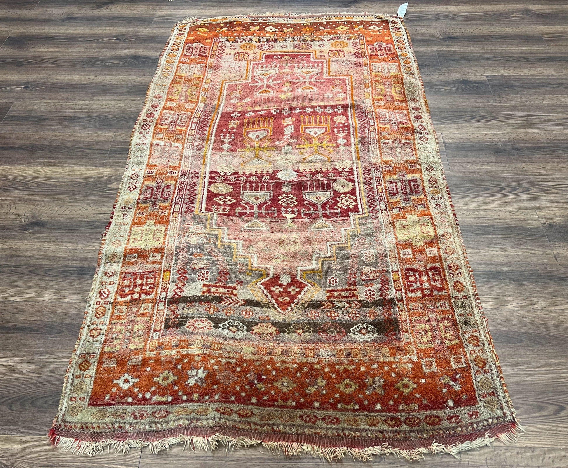 Antique Turkish Melas Rug 4x7, Tribal Geometric Unique Collectible Hand Knotted Wool Oriental Carpet, Rare 1920s Rug, Burnt Orange Red - Nuvé
