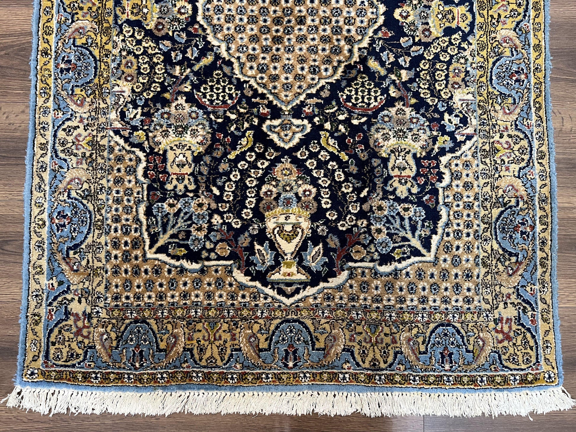Fine Persian Qum Rug 3x5, Semi Antique Vintage Oriental Ghom Carpet, Floral Medallion, Highly Detailed, Hand Knotted, Navy Blue, Wool Area Rug, Birds - Nuvé