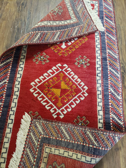 Vintage Turkish Kazak Rug 2.5 x 5 Red Wool Carpet Medallions Runner Geometric - Nuvé