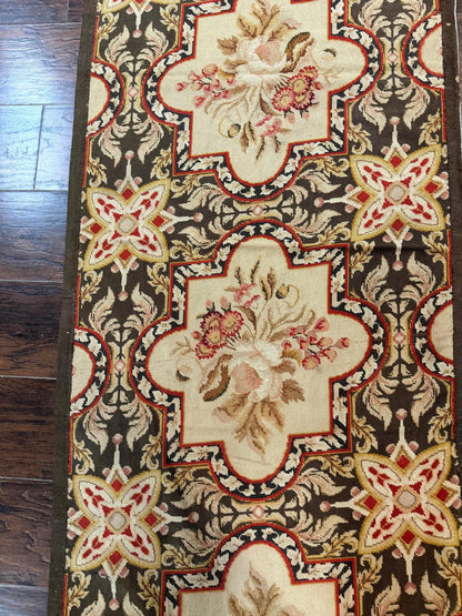 Needlepoint Runner Rug 2.7 x 9.7, European French Design, Wool, Handmade, Vintage - Nuvé