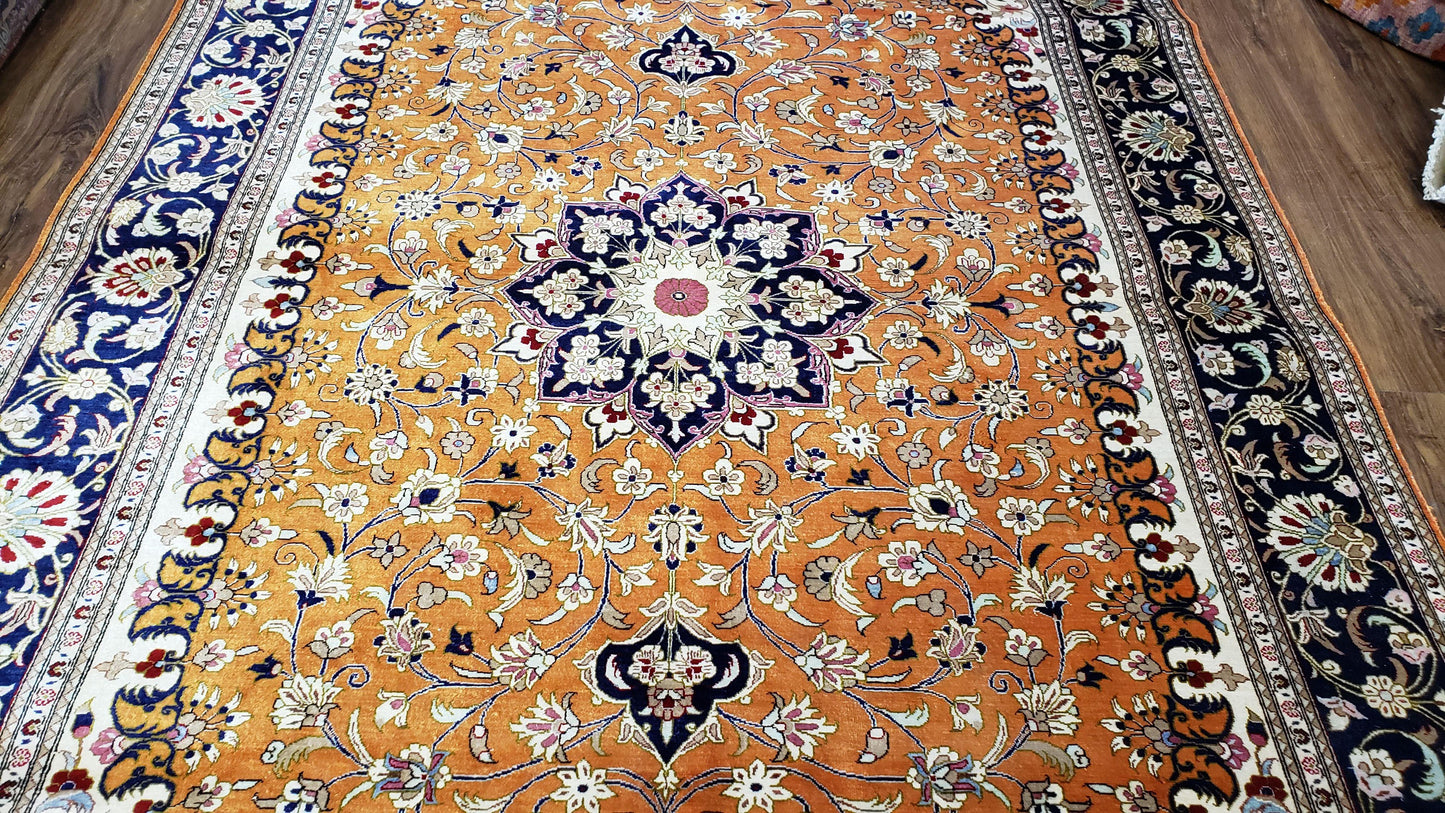 Vintage Persian Qum Silk Rug 4.6 x 6.7, Burnt Orange and Navy Blue, Antique Oriental Very Fine Signature Master Weaver 350+ KPSI Ghom Qom 5x7 Rug - Nuvé