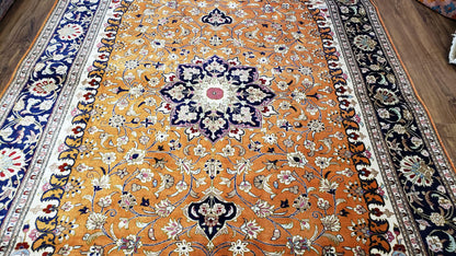 Vintage Persian Qum Silk Rug 4.6 x 6.7, Burnt Orange and Navy Blue, Antique Oriental Very Fine Signature Master Weaver 350+ KPSI Ghom Qom 5x7 Rug - Nuvé