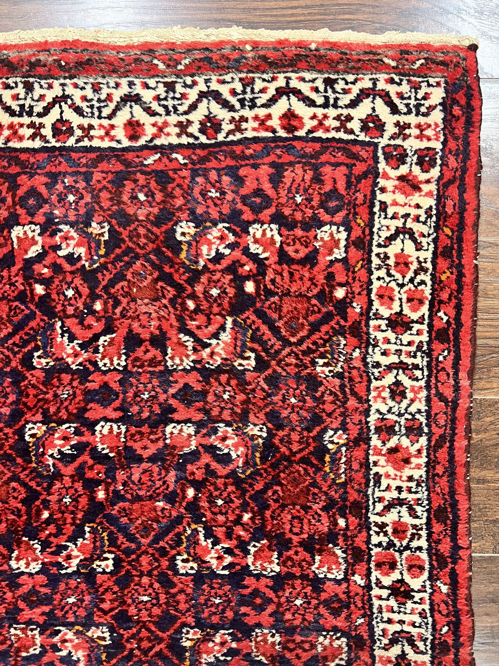 Persian Tribal Runner 3 x 9, Hamadan Dargazin Rug, Dark Blue and Red Wool Hand Knotted Hallway Rug, Vintage Antique Oriental Runner, 9ft Long Runner, Herati - Nuvé