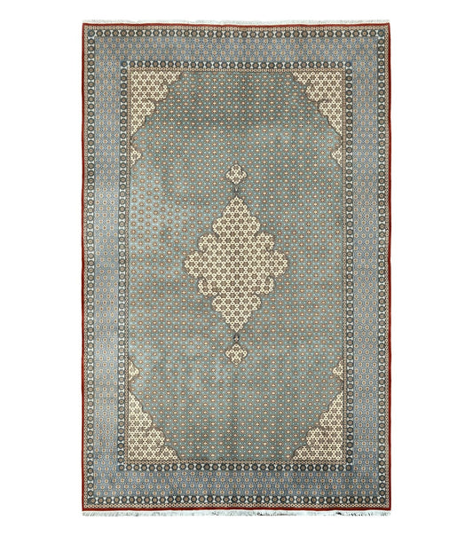 Rare Persian Rug 8x12, Qum Rug, Repeated Star Motifs, Blue and Ivory, Fine 300 KPSI, Hand Knotted Handmade Vintage Wool Rug