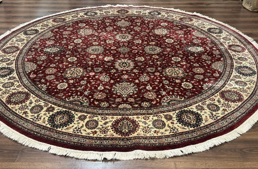 Round Sino Persian Rug 9x9, Burgundy and Cream, Floral, Wool and Silk, 9ft Round Carpet - Nuvé