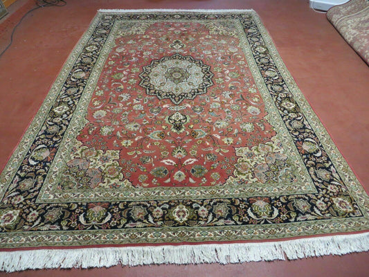 Persian Tabriz Rug 7x10, Floral Medallion Finely Hand Knotted Vintage Authentic Oriental Carpet 7 x 10, Salmon Color, 400 KPSI Elegant, Wool & Silk - Nuvé