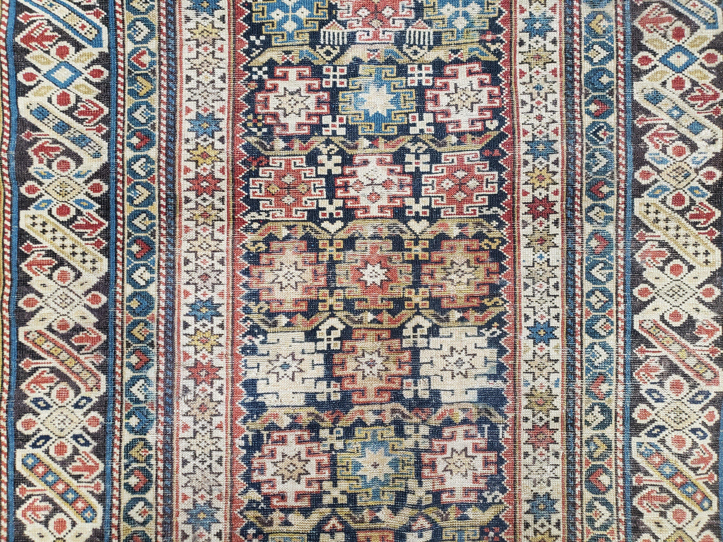 Caucasian Rug 3'9" x 5'7", Antique 1920s Collectible Caucasian Chi Chi Carpet, Hand Knotted, Colorful, Dark Blue Cream Red, Wool, Small Rug - Nuvé